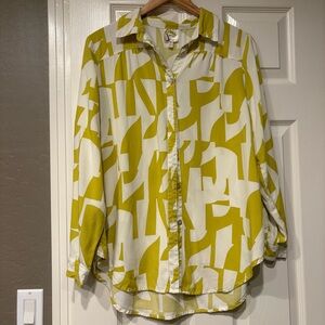 FIG AND FLOWER Chartreuse Cream Button Down Shirt Size L Geometric MCM Artsy